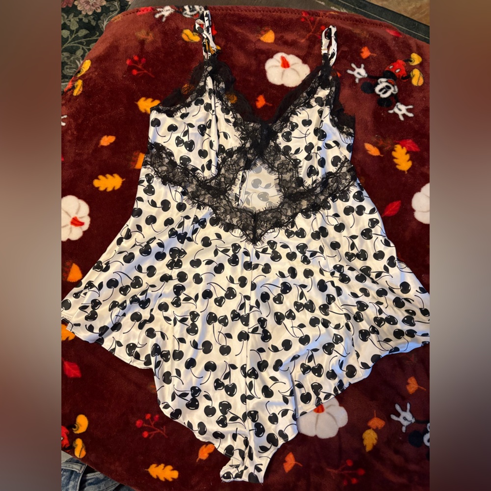 Victoria's Secret White and Gray Cherry Pattern Top
